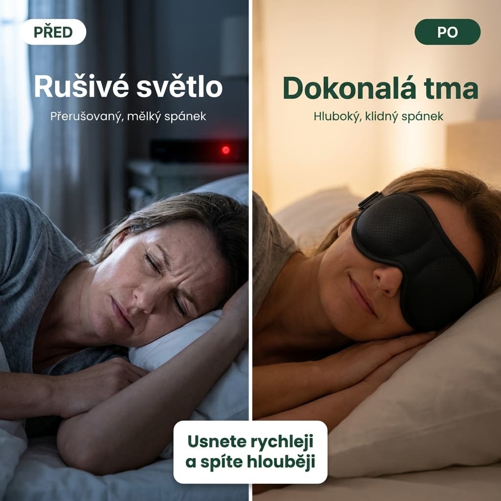 3D maska na spaní před a po – dokonalá tma bez rušivého světla